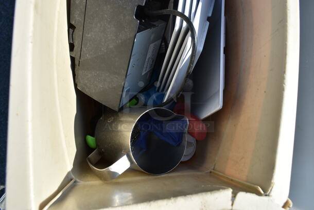 ALL ONE MONEY! Lot of Poly Ingredient Bin and Poly Slim Jim Trash Can w/ Contents Including Receipt Printer - Image 8 of 11