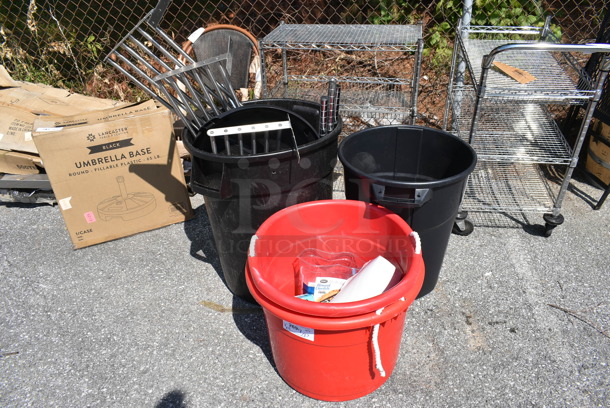 ALL ONE MONEY! Lot of Various Items Including 2 Red Buckets, 2 Black Trash Cans and Contents.  - Image 1 of 10