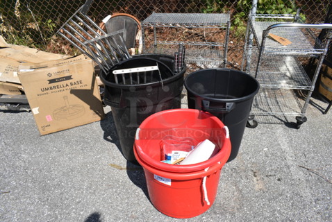 ALL ONE MONEY! Lot of Various Items Including 2 Red Buckets, 2 Black Trash Cans and Contents. 