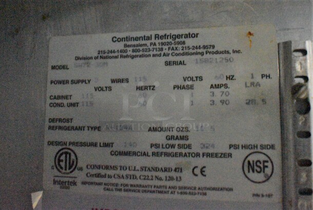 Continental SW72-3DM Stainless Steel Commercial Prep Table on Commercial Casters. 115 Volts, 1 Phase. 72x34x36. Tested and Working! - Image 7 of 9
