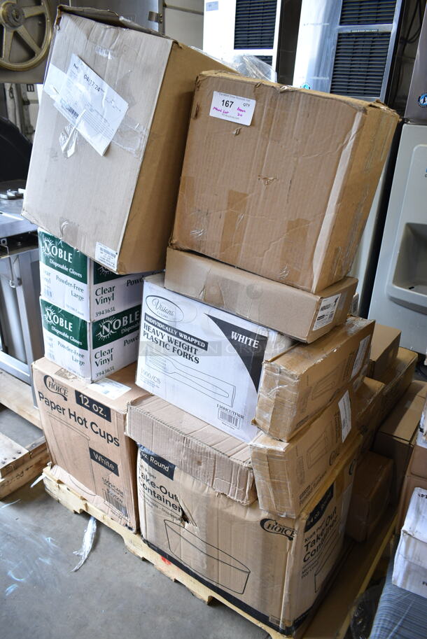 PALLET LOT of 20 BRAND NEW Boxes Including 50012W Choice 12 oz. White Poly Paper Hot Cup - 1000/Case, 394365L Noble Products Powder-Free Disposable Clear Vinyl Gloves for Foodservice - Large - 1000/Case, 795KFT44RNPE Choice 44 oz. Round Kraft PE-Lined Microwavable Take-Out Container 7 5/16