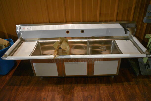 BRAND NEW SCRATCH AND DENT! Advance Tabco FE-3-1416-12RL Stainless Steel Commercial 3 Bay Sink w/ Dual Drain Boards. Comes w/ Drains and Legs! 66x22x24. Legs 24". Bays 14x16x12. Drain Boards 10x17x2 - Image 1 of 7
