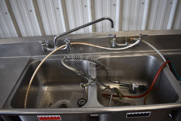 Stainless Steel Commercial 3 Bay Sink w/ Dual Drainboards, Faucet, Handles and Spray Nozzle Attachment. 102x27x40.5. Bays 20x20x14. Drainboards 16x23x2 - Image 3 of 5