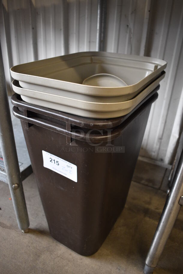 2 Brown Poly Trash Cans w/ 2 Tan Lids. 15.5x11x28. 2 Times Your Bid! - Image 2 of 3