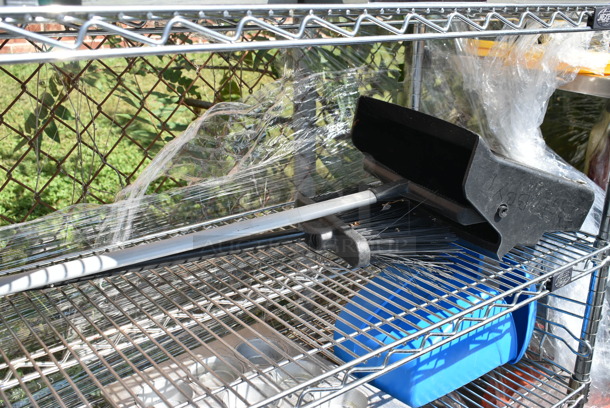 Chrome Finish 5 Tier Wire Shelving Unit w/ Contents Including Muffin Baking Pans, Poly Bins. BUYER MUST DISMANTLE. PCI CANNOT DISMANTLE FOR SHIPPING. PLEASE CONSIDER FREIGHT CHARGES.   - Image 8 of 12