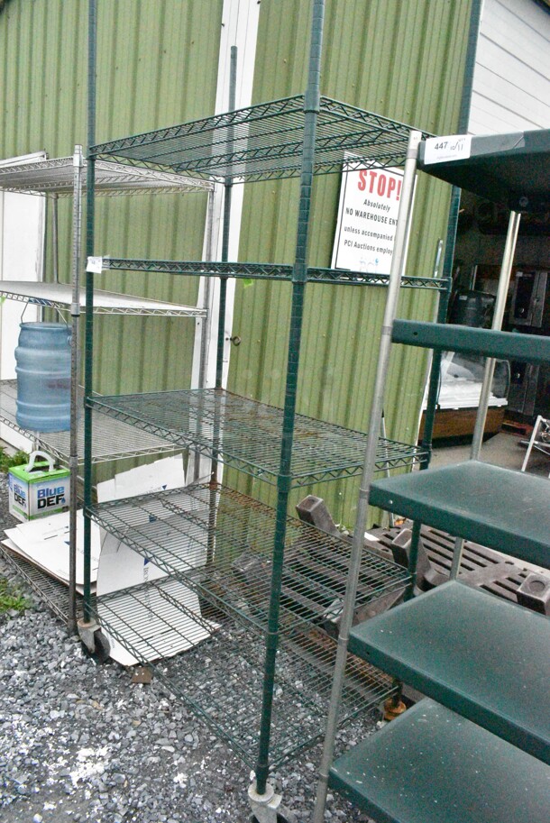 Green Finish 5 Tier Wire Shelving Unit on Commercial Casters. BUYER MUST DISMANTLE. PCI CANNOT DISMANTLE FOR SHIPPING. PLEASE CONSIDER FREIGHT CHARGES. - Image 1 of 4