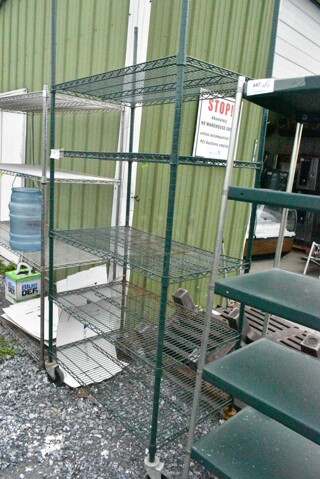 Green Finish 5 Tier Wire Shelving Unit on Commercial Casters. BUYER MUST DISMANTLE. PCI CANNOT DISMANTLE FOR SHIPPING. PLEASE CONSIDER FREIGHT CHARGES.