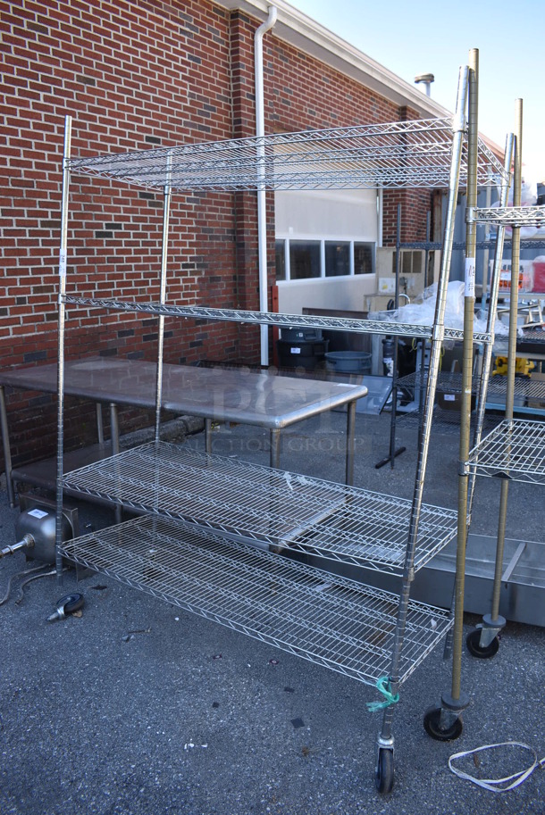 Chrome Finish 4 Tier Wire Shelving Unit on Commercial Casters. 1 Caster Needs To Be Reattached. BUYER MUST DISMANTLE. PCI CANNOT DISMANTLE FOR SHIPPING. PLEASE CONSIDER FREIGHT CHARGES. 60x24x80 - Image 1 of 5