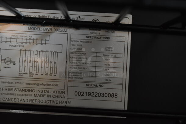 BRAND NEW SCRATCH AND DENT! Whynter BWR-0922DZ  92 Bottle Built-in Stainless Steel Dual Zone Compressor Wine Refrigerator. 115 Volts, 1 Phase. Tested and Working! - Image 9 of 9