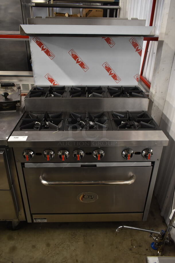 BRAND NEW SCRATCH AND DENT! Cooking Performance Group CPG 351S36SUL Stainless Steel Commercial Propane Gas Powered 2 Tier 6 Burner Range w/ Oven, Back Splash and Over Shelf. 210,000 BTU. Tested and Working!