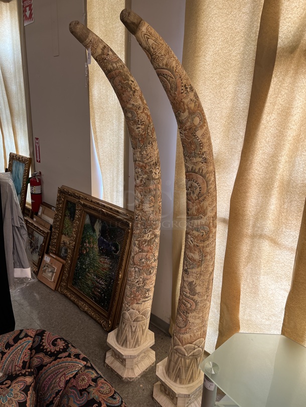 2 HAND CARVED Bone Mastadon Tusk Shaped Statues. 2 Times Your Bid! - Image 1 of 8