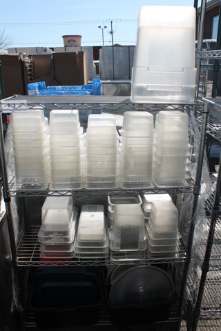 Chrome Finish 3 Tier Wire Shelving Unit w/ Contents Including Poly Bins. BUYER MUST DISMANTLE. PCI CANNOT DISMANTLE FOR SHIPPING. PLEASE CONSIDER FREIGHT CHARGES.