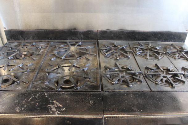 Vulcan H45 Stainless Steel Commercial Natural Gas Powered 10 Burner Range w/ 2 Ovens, Over Shelf and Back Splash. - Image 2 of 11