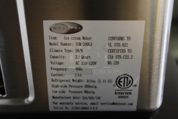 BRAND NEW SCRATCH AND DENT! Whynter ICM-200LS 2.1 Quart Capacity Automatic Compressor Ice Cream Maker in Stainless Steel. 115 Volts, 1 Phase. Tested and Working! - Image 2 of 3