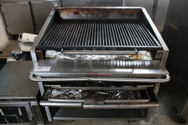 MagiKitch'n Model FM 636-H Stainless Steel Commercial Natural Gas Powered Charbroiler Grill w/ Metal Under Shelf on Commercial Casters. 36x36x40