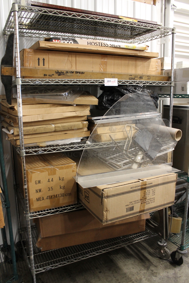 ALL ONE MONEY! Metro Lot of Various BRAND NEW SCRATCH AND DENT! Items Including Winco Hostess Sign, A Frame Sidewalk Sign and Metal Pieces! Shelving Unit Is Not Included. - Image 1 of 12