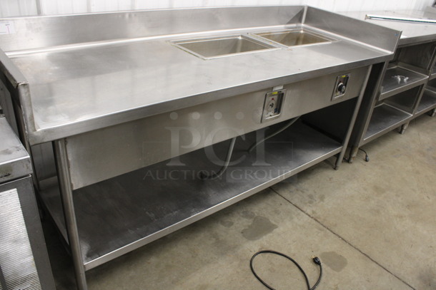Stainless Steel Commercial Table w/ 2 Wells Steam Table Bays, Under Shelf, Back Splash and Side Splash Guards. 84x30x42. Cannot Test - Unit Was Previously Hardwired