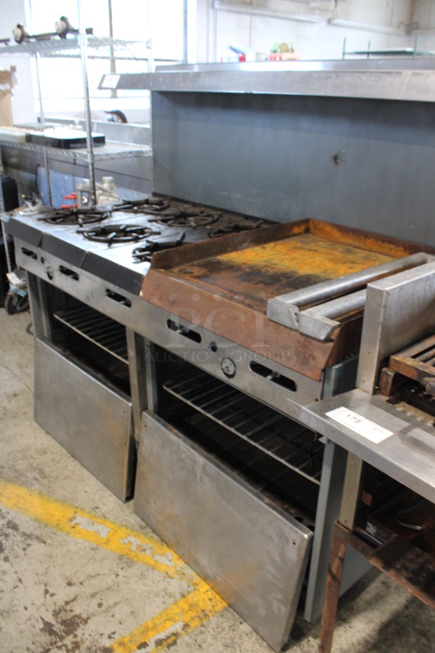 Garland Stainless Steel Commercial Propane Gas Powered 6 Burner Range w/ Flat Top Griddle, 2 Ovens, Over Shelf and Back Splash. Oven Doors and Door Handles Are Not Attached. Unit Appears To Have Been In The Process of Being Refurbished. 60x32x58 - Image 6 of 6