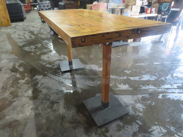 One AWESOME 3 Inch Thick Solid Wooden Table Top On Bar Height Dual Wooden/Metal Table Bases. 81.5X35X44 - Image 1 of 3