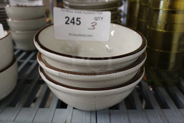 3 White Ceramic Bowls w/ Brown Rim  6x6x2.5. 3 Times Your Bid!
