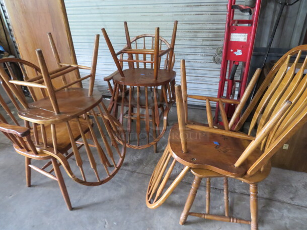 One Lot Of 6 Solid Oak Assorted Chairs. All Chairs Have Cracked Wood. See Pics.  - Image 1 of 2