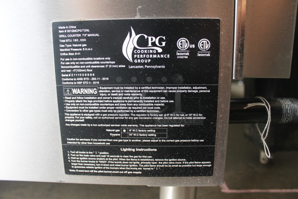 LIKE NEW! CPG 351GMCPG72NL Commercial Stainless Steel Natural Gas Countertop Griddle On Galvanized Legs With Box Of Parts. 180,000 BTU.  - Image 6 of 8