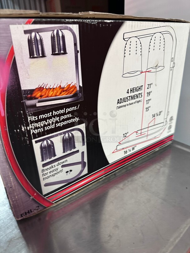 New! Winco EHL-2 2 Bulb INFRA-RED 250 Watts Heat Lamp w/ Adjustable Arm, Aluminum, 120v NSF  - Image 5 of 7
