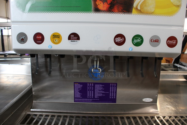 Manitowoc Model SY0454A Stainless Steel Commercial Air Cooled Ice Machine Head on Cornelius Model ED250-BCZ Stainless Steel Commercial 8 Flavor Carbonated Beverage Machine. 115 Volts, 1 Phase. 30x32x61  - Image 5 of 7