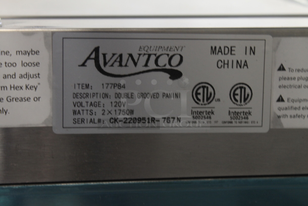 BRAND NEW SCRATCH AND DENT! Avantco 177P84 Stainless Steel Commercial Double Panini Press. 120 Volts, 1 Phase. Tested and Working! - Image 7 of 9