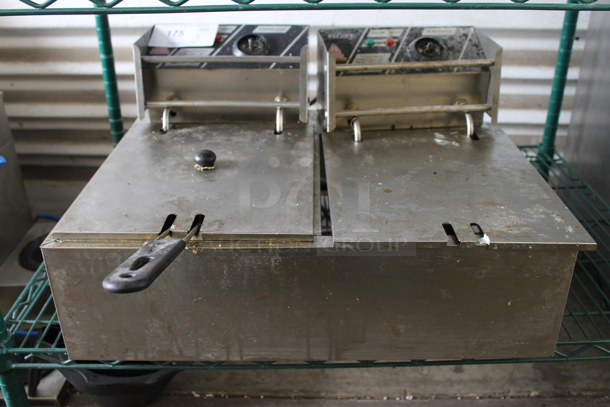EH82 Stainless Steel Countertop Electric Powered 2 Bay Fryer w/ 2 Lids, 1 Drop In and 1 Fry Basket. 110 Volts, 1 Phase.  - Image 1 of 6