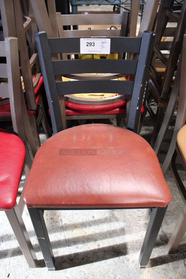 3 Metal Dining Chairs w/ Red Seat Cushion; 1 Has Black Frame and 2 Have Brown Frames. 16x17x32. 3 Times Your Bid!