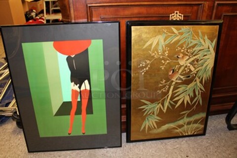 2 Framed Pictures of Lady Putting on Garters and Birds in Tree. 19x1x28.5, 18x1x27. 2 Times Your Bid!