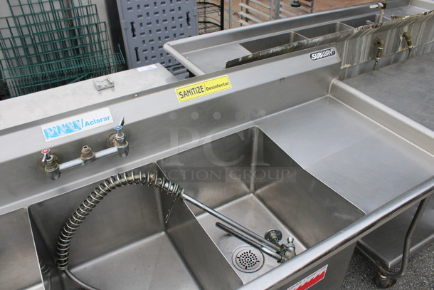 Duke Stainless Steel Commercial 3 Bay Sink w/ Dual Drainboards, Faucet, Handles and Spray Nozzle Attachment. 84x27x43. Bays 16x21x14. Drainboards 16x23x1 - Image 4 of 5
