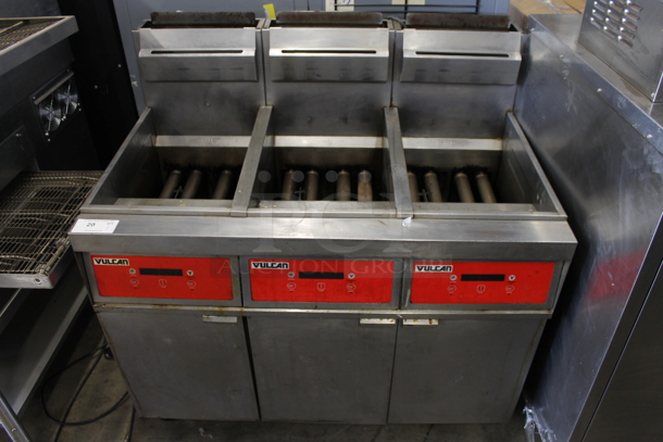 Vulcan CR45DF Stainless Steel Commercial Natural Gas Powered Floor Style 3 Bay Deep Fat Fryer on Commercial Casters. 360,000 BTU.