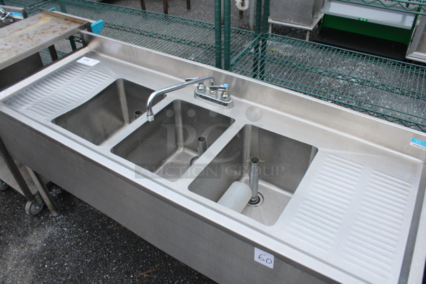 Stainless Steel Commercial 3 Bay Sink w/ Dual Drainboards, Faucet and Handles. 60x21.5x31. Bays 10x14x10. Drainboards 11x14x1 - Image 3 of 5