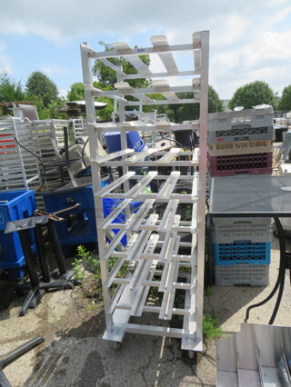 One Kelmax Aluminum Can Rack On Casters. Model# CSR-182M. 25.5X34X76