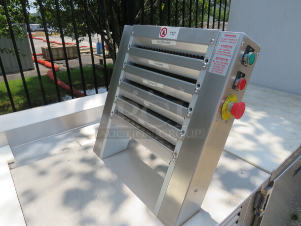 One SS Pasta Work Table With 4 Doors, Cutting Board Top, Back Splash, Under Storage, And A Pama Parse Pasta Cutting Machine. Model# TR/5-S. 230 Volt. 1 Phase. 70X30X51 - Image 2 of 4