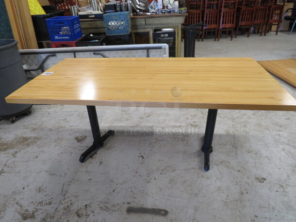 One Solid Wooden Butcher Block Table Top On A Dual Pedestal Base. 72X36X30