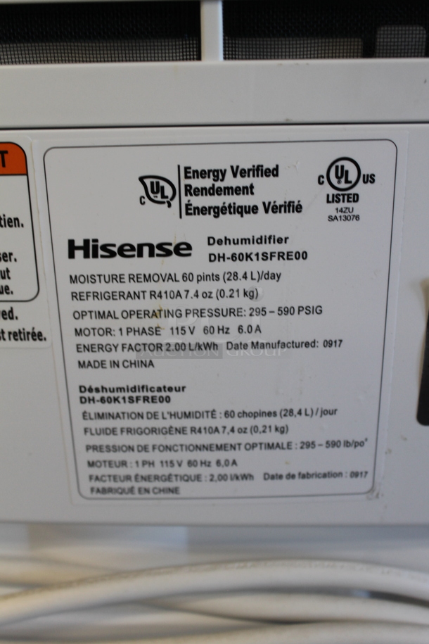 BRAND NEW SCRATCH AND DENT! Hisense DH-60K1SFRE00 60 Pint Capacity, 3-Speed Dehumidifier. 115 Volts, 1 Phase. Tested and Working! - Image 6 of 6