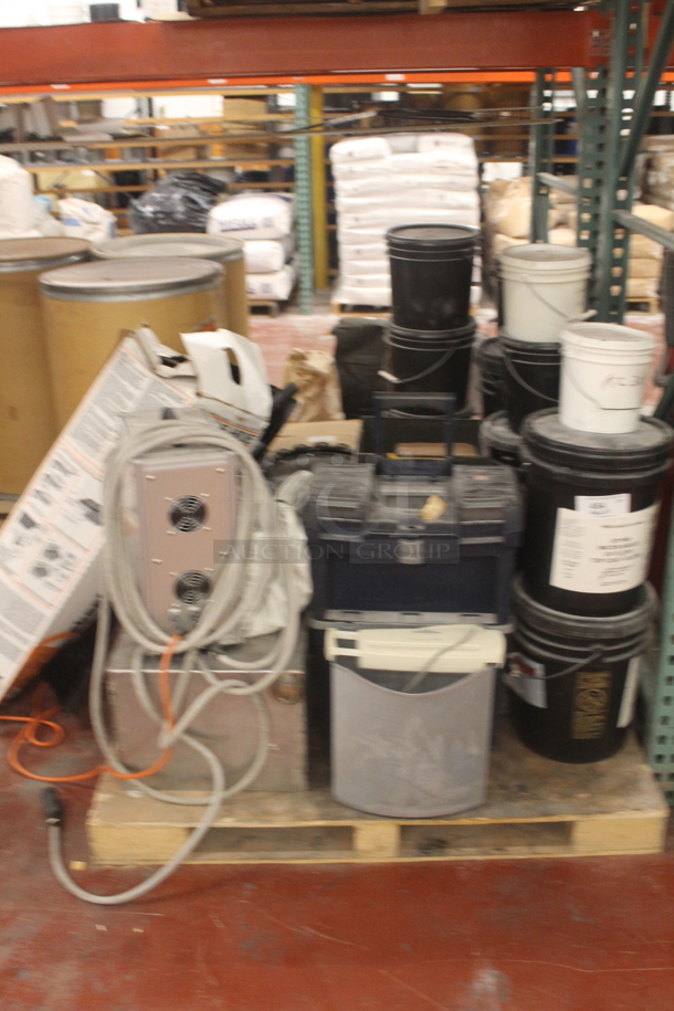 ALL ONE MONEY! PALLET LOT of Various Items Including Poly Buckets and Metal Units. BUYER MUST REMOVE. - Image 1 of 8