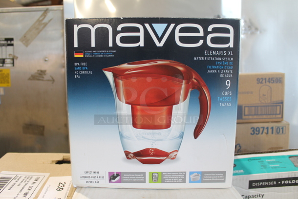 BRAND NEW IN BOX! Mavea Clear and Red Poly Water Filtration Pitcher.