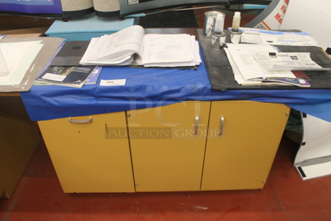 Yellow 3 Door Counter w/ Contents.