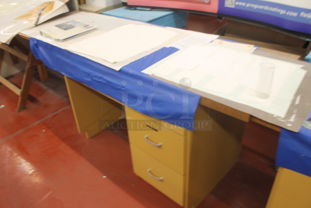 Yellow 3 Drawer Desk w/ Contents including White Poly Box Fan. - Image 3 of 5