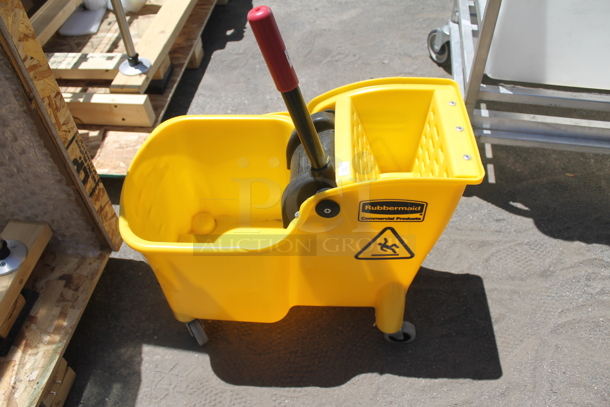 Rubbermaid Yellow Poly Mop Bucket w/ Wringing Attachment on Commercial Casters. - Image 2 of 5