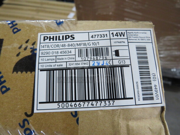 NEW Box Of 10 Phillips Bulbs. 14T8/COR/48-840/MF18/G10/1. 14 W. 3XBID
