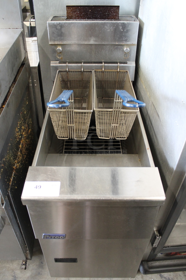 2019 Pitco Frialator VF35 Stainless Steel Commercial Floor Style Natural Gas Powered Deep Fat Fryer w/ 2 Metal Fry Baskets on Commercial Casters. 70,000 BTU. - Image 1 of 3