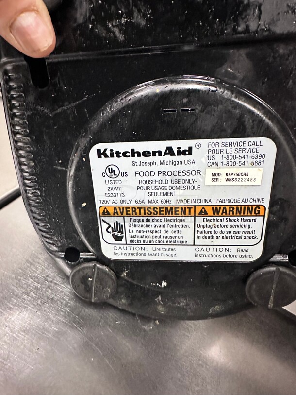 Working! KitchenAid KFP750CR0 9-Cup Food Processor with 4-Cup Mini Bowl Chrome NSF 115 Volt Tested and Working! - Image 6 of 9