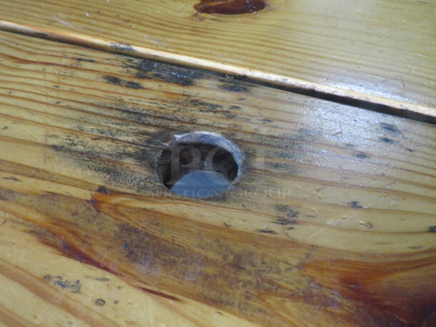 One Wooden Table Top, With An Umbrella Hole, No Holder,  On A Bar Height Black Industrial Base. 95X28X42 - Image 4 of 4