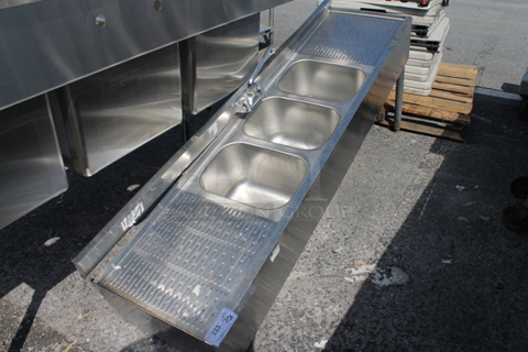 Krowne 18-63C18-63C Stainless Steel Commercial 3 Bay Back Bar Sink w/ Dual Drain Boards, Faucet and Handles. Missing 2 Legs. 