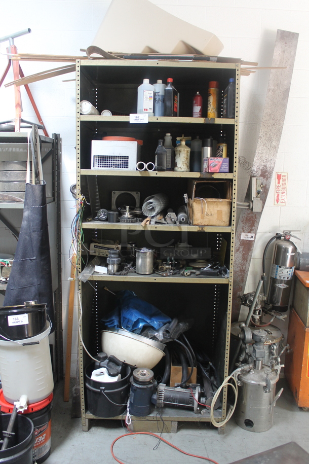 Tan Metal 6 Tier Shelving Unit w/ Contents Including Cleaner. BUYER MUST REMOVE. - Image 1 of 12